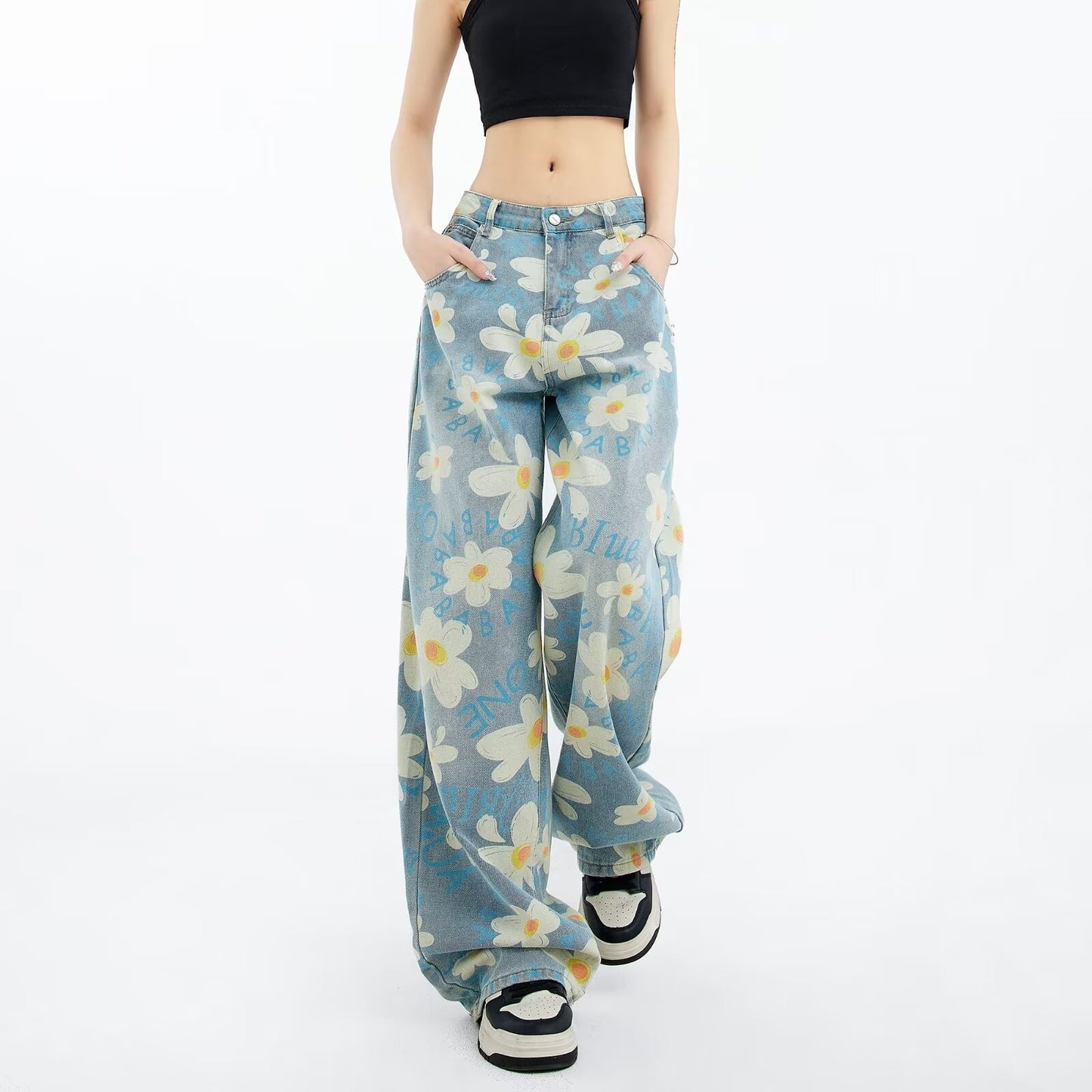 jean large imprimé floral délavé