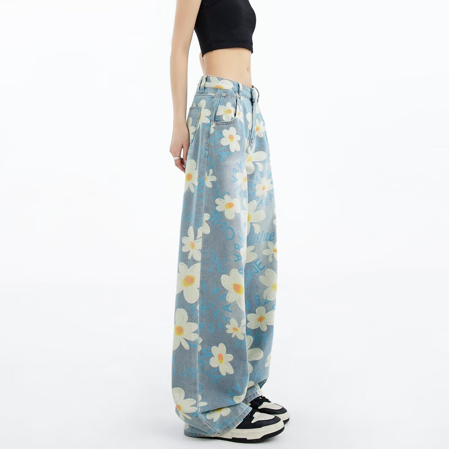 jean large imprimé floral délavé