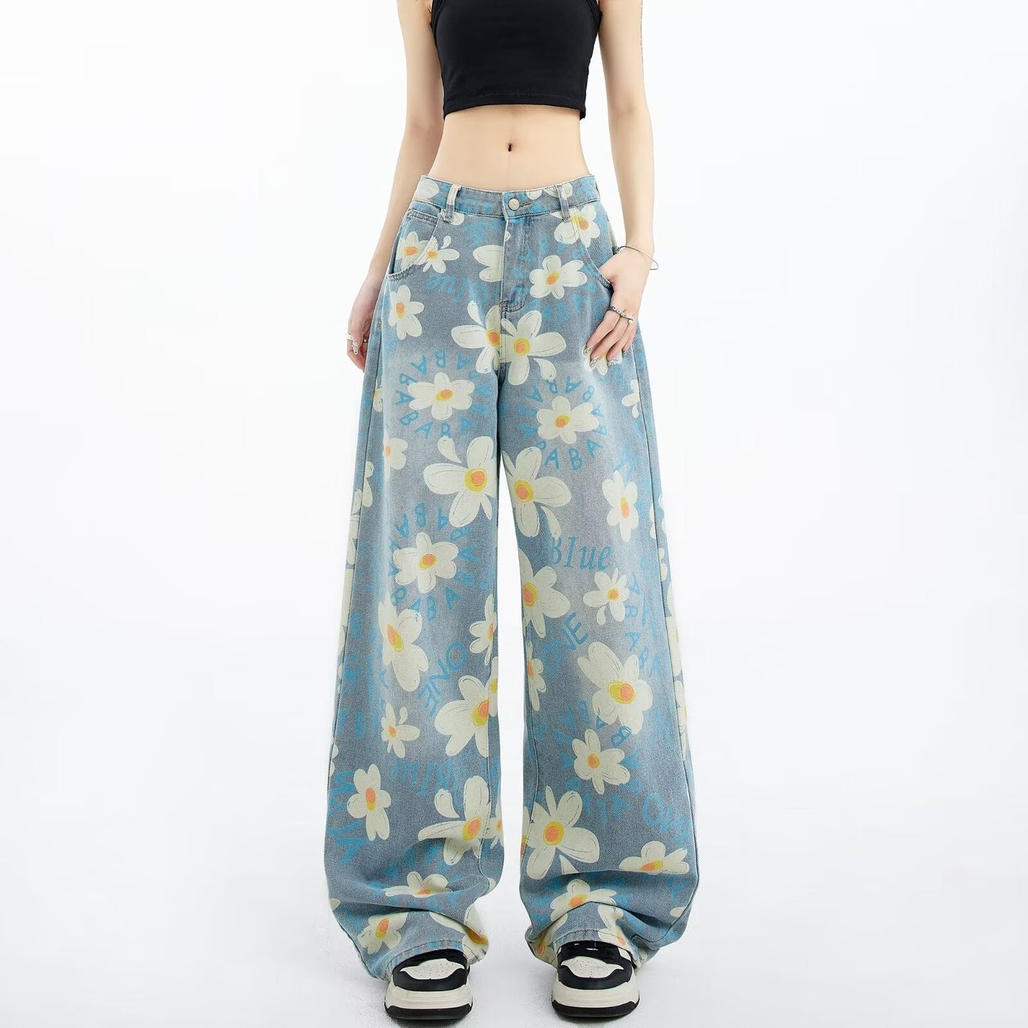 jean large imprimé floral délavé