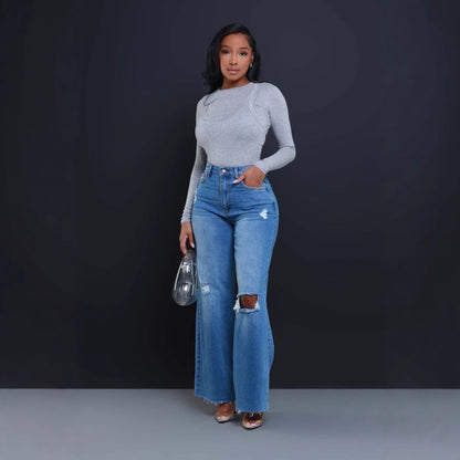 Jean droit déchiré ample à taille haute