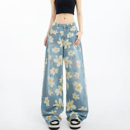 jean large imprimé floral délavé