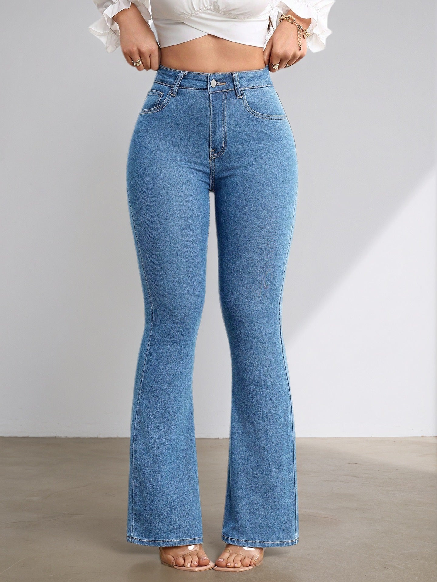 Jean évasé taille haute extensible pour femme