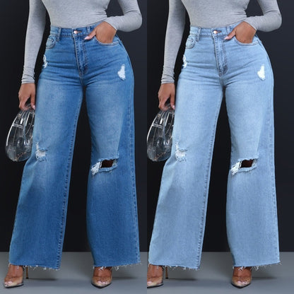 Jean droit déchiré ample à taille haute