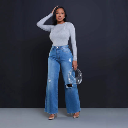 Jean droit déchiré ample à taille haute