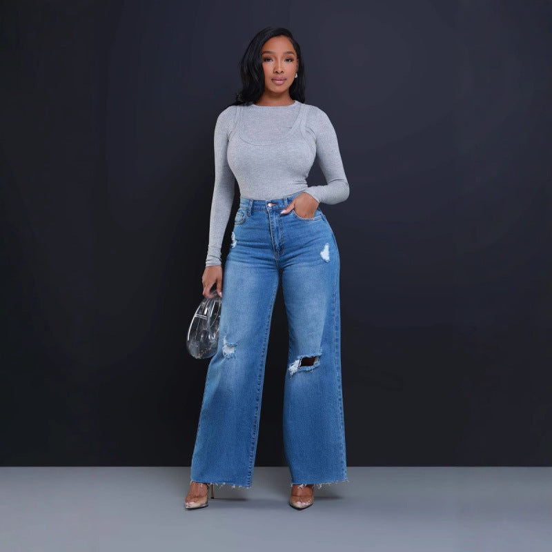 Jean droit déchiré ample à taille haute