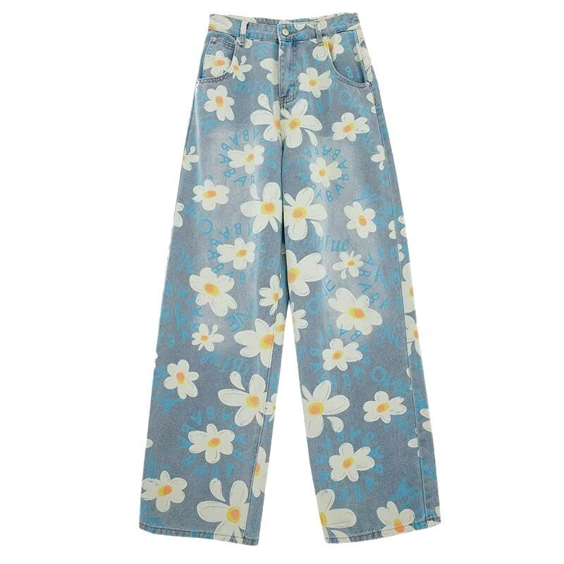 jean large imprimé floral délavé