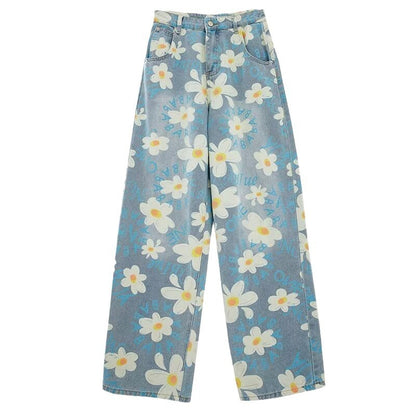 jean large imprimé floral délavé