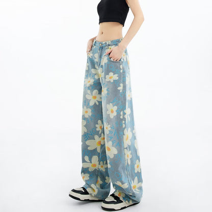 jean large imprimé floral délavé